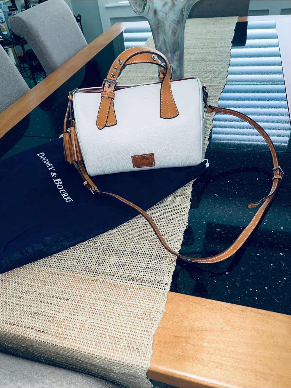 Dooney & Bourke White Leather Crossbody with Tan Trim and Tassel